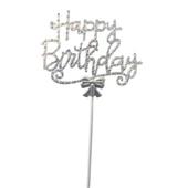 Gümüş Happy Birthday Lüx Taşlı Pasta Süsü thumbnail 2