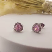 925 Ayar Gümüş Pembe Taşlı Kalp Küpe thumbnail 3