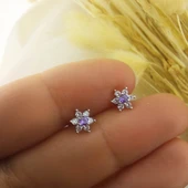 925 Ayar Gümüş Mor Taşlı Minimal Lotus Küpe thumbnail 5