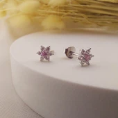 925 Ayar Gümüş Pembe Taşlı Minimal Lotus Küpe thumbnail 3