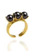 Vintage Tarzı Altın Kaplama Siyah Üç İnci Taşlı Otantik Ayarlanabilir Kadın Yüzüğü thumbnail 1