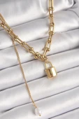 HEYF 316L Çelik Gold Renk Tifany Zincir Model Kilit Figür Sallantı İnci Detay Kadın Kolye thumbnail 1