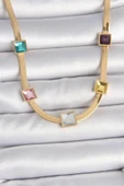 HEYF 316L Çelik Gold Renk İtalyan Zincir Model Kare Renkli Zirkon Taşlı Kadın Kolye thumbnail 1
