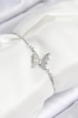 HEYF Pirinç Zirkon Taşlı Kelebek Model Gümüş Renk Asansörlü Kadın Bileklik thumbnail 1