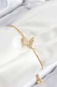 HEYF Pirinç Zirkon Taşlı Kelebek Model Gold Renk Asansörlü Kadın Bileklik thumbnail 1