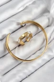 HEYF Pirinç Zirkon Taşlı Ayrık Model Gold Renk Bileklik Yüzük Set thumbnail 2