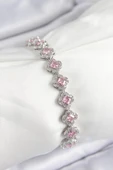 HEYF Pirinç Zirkon Taşlı Pembe Yonca Baget Model Gümüş Renk VIP Seri Kadın Bileklik thumbnail 1