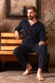 Sude Ercan Erkek Önden Düğmeli Uzun Kol İnce Pijama Takımı A301-843 - 1 Adet  Lacivert 2XL thumbnail 4