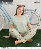Pijamoni Kadın Milan Büyük Beden Bisiklet Yaka Kısa Kol İnce Pijama Takımı 7665/20 - 1 Adet  Yeşil 3XL thumbnail 2