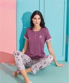 Pijamoni Kadın Viskoz Likralı Düğme Yaka Kaşkorse Patlı Kısa Kol Pijama Takımı 5520-5 / 1 Adet  L Mor thumbnail 1