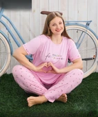 Pijamoni Kadın Milan Büyük Beden Bisiklet Yaka Kısa Kol İnce Pijama Takımı 7665/17 - 1 Adet  4XL Pembe thumbnail 1