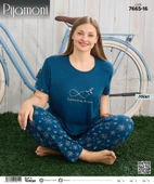 Pijamoni Kadın Milan Büyük Beden Bisiklet Yaka Kısa Kol İnce Pijama Takımı 7665/16 - 1 Adet  3XL Petrol thumbnail 2