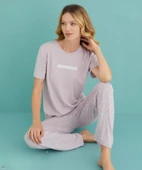 Mihra Kadın Bisiklet Yaka MİLAN Likralı Kısa Kol Pijama Takımı 50107/91- 1 Adet  XL Lila thumbnail 1