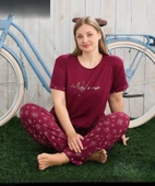 Pijamoni Kadın Milan Büyük Beden Bisiklet Yaka Kısa Kol İnce Pijama Takımı 7665/14 - 1 Adet  Bordo 5XL thumbnail 1