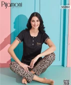 Pijamoni Kadın Viskoz Likralı Düğme Yaka Kaşkorse Patlı Kısa Kol Pijama Takımı 5520-1 / 1 Adet  XL Siyah thumbnail 2