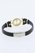 HEYF Gold Renk Deniz Çapası Figürlü Metal Aksesuarlı Siyah Renk Deri Erkek Bileklik thumbnail 2