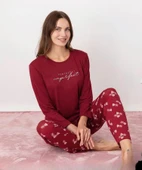 Pijamoni Kadın Milan Bisiklet Yaka Uzun Kol İnce Pijama Takımı 7600/34 - 1 Adet  XL Kırmızı thumbnail 1