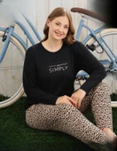 Pijamoni Kadın Milan Büyük Beden Bisiklet Yaka Uzun Kol İnce Pijama Takımı 7666/19 - 1 Adet  Siyah 5XL thumbnail 1