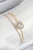 HEYF Pirinç Zirkon Taşlı Kalp Model Gold Renk Kadın Bileklik thumbnail 1