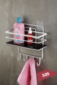 4 Kancalı Yapışkanlı Ayarlanabilir Banyo Duş Rafı – Paslanmaz Kristal Şampuanlık (Yapıştır/Vidala) Beyaz-Siyah - LŞ-01 - BSBK thumbnail 1