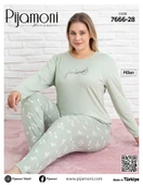 Pijamoni Kadın Milan Büyük Beden Bisiklet Yaka Uzun Kol İnce Pijama Takımı 7666/28 - 1 Adet  4XL Su Yeşil thumbnail 2