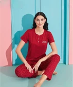Pijamoni Kadın Viskoz Likralı Düğme Yaka Kaşkorse Patlı Kısa Kol Pijama Takımı 5520-3 / 1 Adet  2XL Kırmızı thumbnail 1