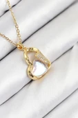 HEYF 316L Çelik Zirkon Taşlı Kalp Model Gold Renk Kadın Kolye thumbnail 1