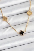 HEYF 316L Çelik Zincir Gold Renk Siyah ve Zirkon Taşlı Baby Boy Yonca Kadın Kolye thumbnail 1