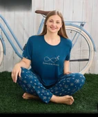 Pijamoni Kadın Milan Büyük Beden Bisiklet Yaka Kısa Kol İnce Pijama Takımı 7665/16 - 1 Adet  3XL Petrol thumbnail 1