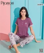 Pijamoni Kadın Viskoz Likralı Düğme Yaka Kaşkorse Patlı Kısa Kol Pijama Takımı 5520-5 / 1 Adet  XL Mor thumbnail 2
