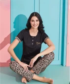 Pijamoni Kadın Viskoz Likralı Düğme Yaka Kaşkorse Patlı Kısa Kol Pijama Takımı 5520-1 / 1 Adet  XL Siyah thumbnail 1