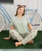 Pijamoni Kadın Milan Büyük Beden Bisiklet Yaka Kısa Kol İnce Pijama Takımı 7665/20 - 1 Adet  Yeşil 3XL thumbnail 1