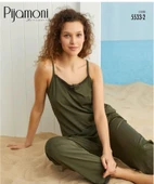 Pijamoni Kadın İp Askılı  Kaşkorse Viskoz Likralı Pijama Takımı 5533-2 / 1 Adet  XL Haki thumbnail 2