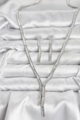 Gümüş Renk Baget Zirkon Taşlı Kadın Kolye Küpe Set - TJ-BKO10637 - 1