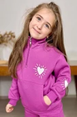 Kız Çocuk Kalp Emoji Baskılı Kanguru Cepli Fermuarlı Sweat Mor Eşofman Takım thumbnail 4