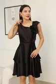 Çiçek Detaylı Saten Elbise 2371-Siyah thumbnail 5