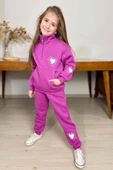 Kız Çocuk Kalp Emoji Baskılı Kanguru Cepli Fermuarlı Sweat Mor Eşofman Takım thumbnail 1