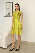 Çiçek Detaylı Saten Elbise 2371-Olive thumbnail 4