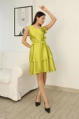 Çiçek Detaylı Saten Elbise 2371-Olive thumbnail 3