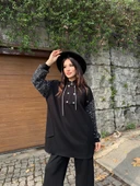 Kadın Siyah Payetli Kol Detaylı Uzun Tunik Kazak Yarım Fermuarlı Bol Kesim - 1