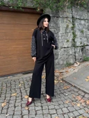 Kadın Siyah Payetli Kol Detaylı Uzun Tunik Kazak Yarım Fermuarlı Bol Kesim - 4