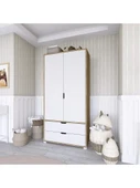 90 Cm Açık Ceviz-Beyaz 2 Kapılı 2 Çekmeceli Elbise Dolabı - Gardırop thumbnail 3
