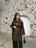 Leopar Kürk Yaka Deri Görünümlü Düğmeli Kemerli Abiye Panço Ceket Siyah thumbnail 5