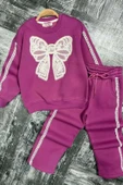 Kız Çocuk Göğsü Kurdela Dantel Şerit Detaylı Bağcıklı 3 İplik Mor Eşofman Takım thumbnail 3
