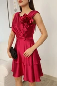 Çiçek Detaylı Saten Elbise 2371-Fuşya thumbnail 6