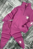 Kız Çocuk Kalp Emoji Baskılı Kanguru Cepli Fermuarlı Sweat Mor Eşofman Takım thumbnail 3