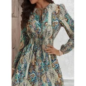 Lucky Life Kadın Uzun Kollu Uakadabağcıklı Beli Lastikli Desenli Uzun Süprem Elbise thumbnail 4