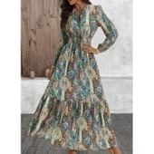 Lucky Life Kadın Uzun Kollu Uakadabağcıklı Beli Lastikli Desenli Uzun Süprem Elbise thumbnail 5