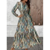 Lucky Life Kadın Uzun Kollu Uakadabağcıklı Beli Lastikli Desenli Uzun Süprem Elbise thumbnail 6