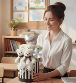 Öğretmen'e Hediye: Atatürk Temalı Aynalı Çizgili Premium Kutuda, Kalpli Balonlu 6’lı Beyaz Ayıcık Buketi-24 Kasım Öğretmenler Günü Hediyesi thumbnail 2